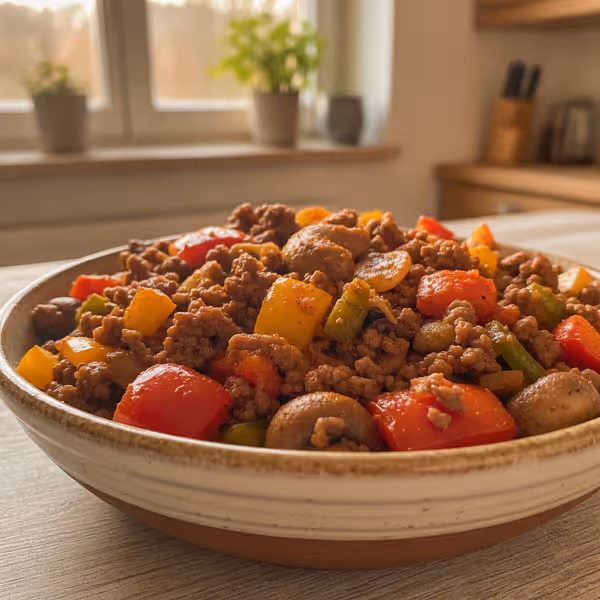 Sartén de carne picada con pimientos, ya emplatado