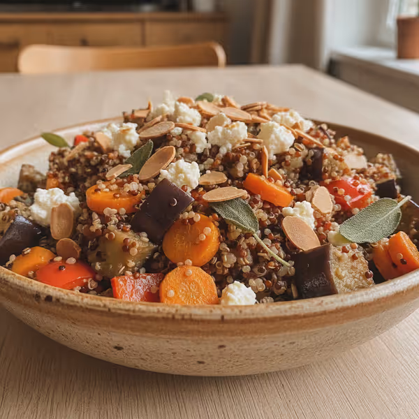 Sartén de quinoa con verduras, almendras y feta, ya emplatado