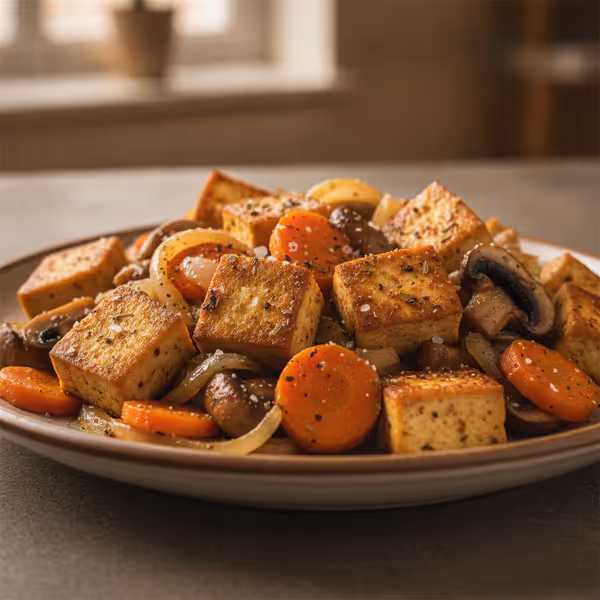 Sartén de tofu con verduras, ya emplatado