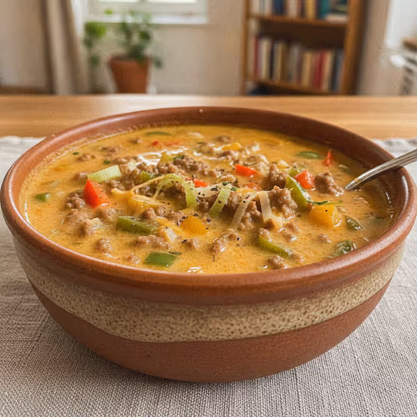 Sopa de carne picada, puerro, pimiento y queso, ya emplatado