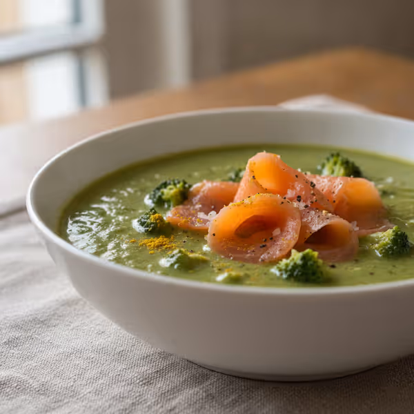 Sopa de brócoli con salmón ahumado, ya emplatado