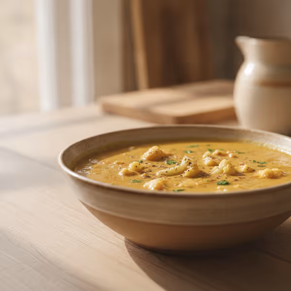 Sopa de coliflor con pollo, ya emplatado