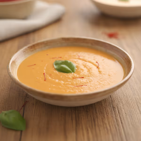 Sopa de pimientos con azafrán, ya emplatado