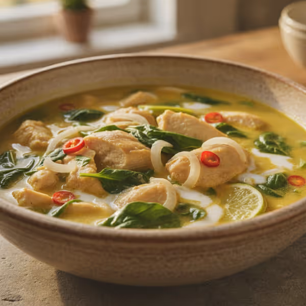 Sopa de pollo con espinacas y leche de coco, ya emplatado
