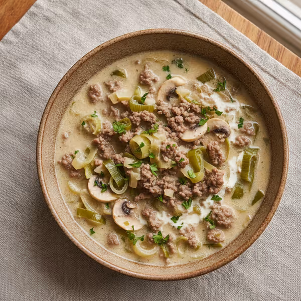 Sopa de puerros con carne picada, ya emplatado