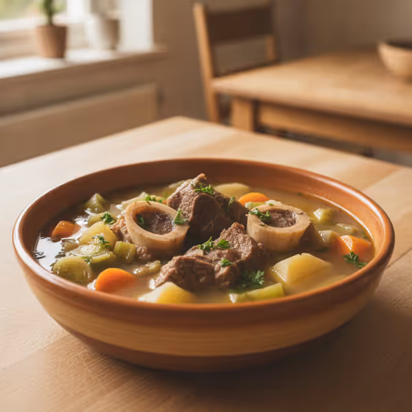 Sopa de ternera con verduras, ya emplatado