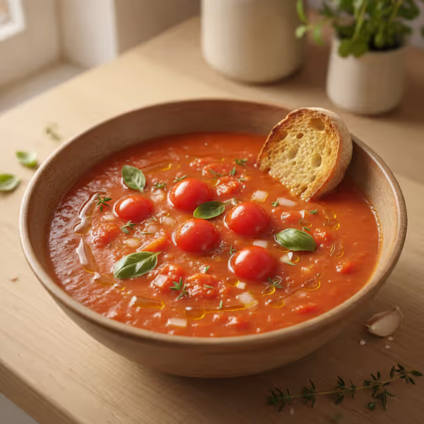 Sopa de tomate con hierbas y un toque de ginebra, ya emplatado