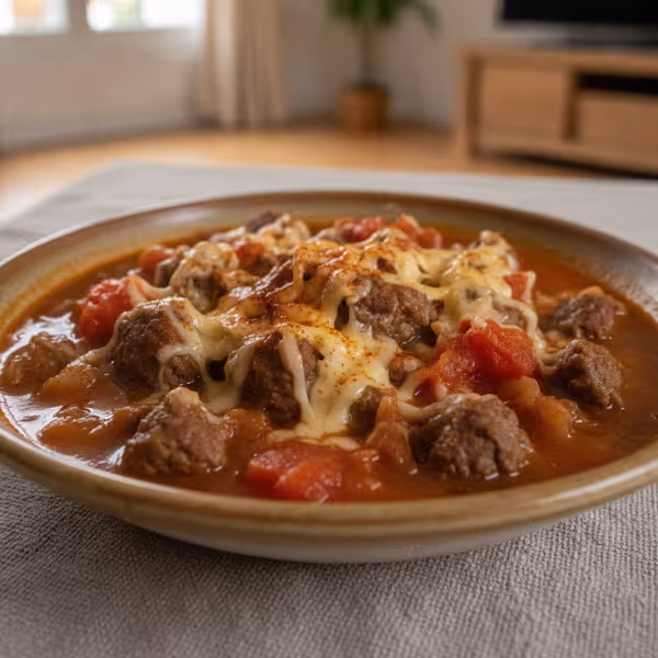 Sopa holandesa de gulasch con queso fundido, ya emplatado