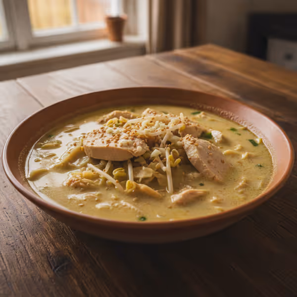 Sopa tailandesa de coco con pollo (Tom Kha Gai), ya emplatado