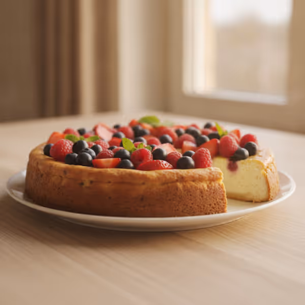Tarta de quark con frutas, ya emplatado