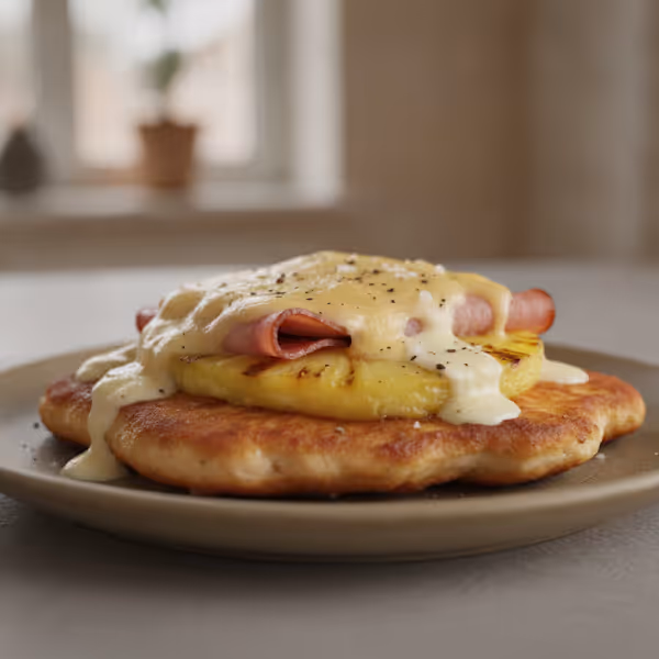 Toast Hawaii con filete de pavo, ya emplatado