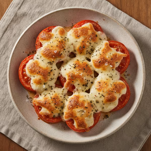 Tomates gratinados con mozzarella, ya emplatado