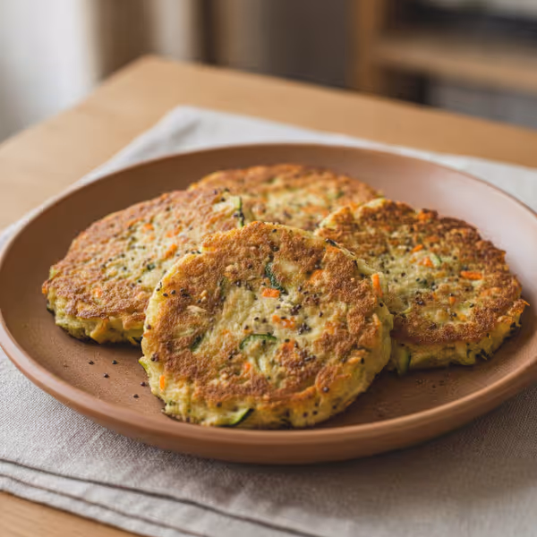 Tortitas bajas en carbohidratos de calabacín y zanahoria, ya emplatado