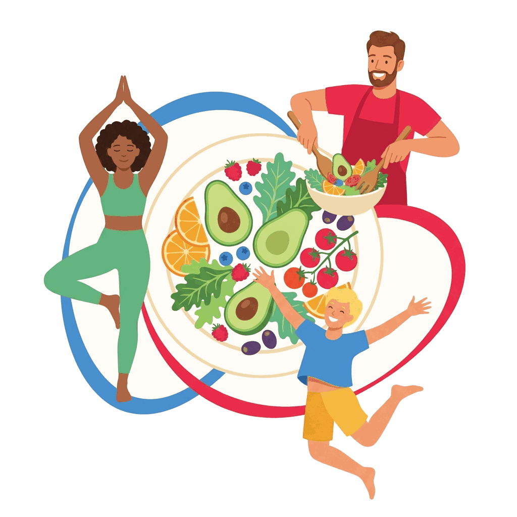 Ilustración: personas alrededor de un plato con comida fresca y saludable